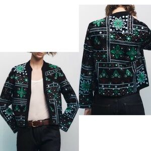 Zara Black and Green Embroidered Blouse